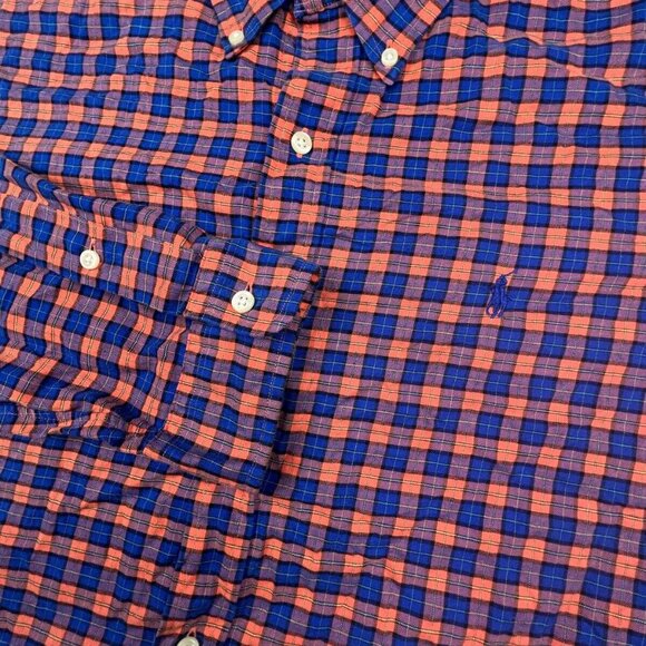 Ralph Lauren Button Up Shirt Cotton Adult Size XL Orange Blue Plaid L/S w Pony - Picture 6 of 8